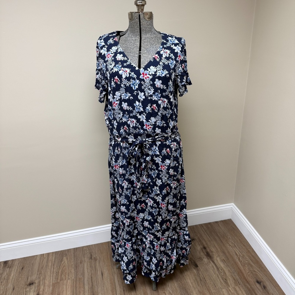 J. Jill Blue Floral Maxi Dress Large Ruffle Hem V-Neck Cap Sleeve 160651